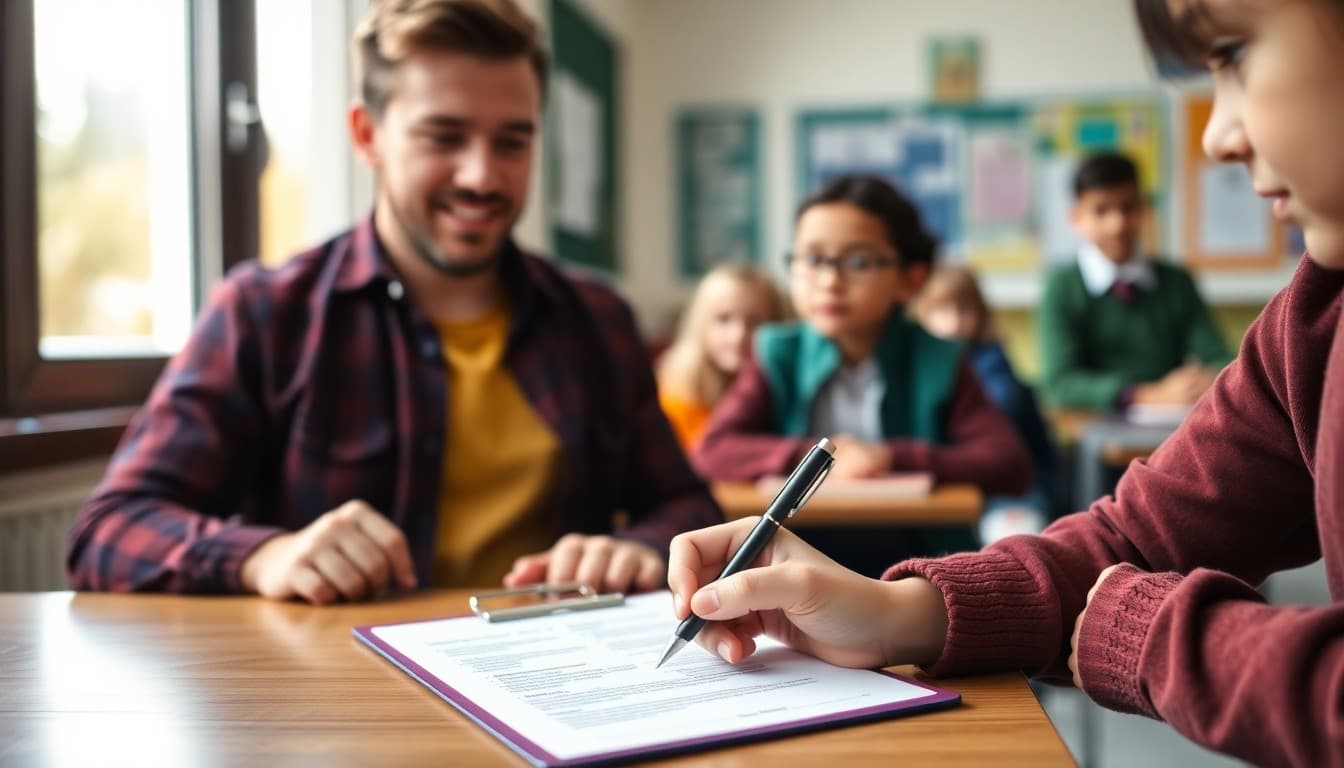 Parent signing a school photo release form with a clipboard and pen