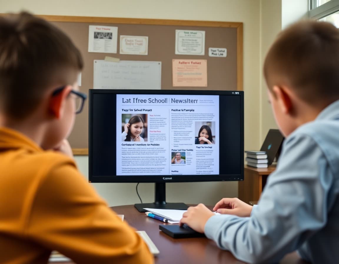 School newsletter draft on screen showing before and after examples of positive framing