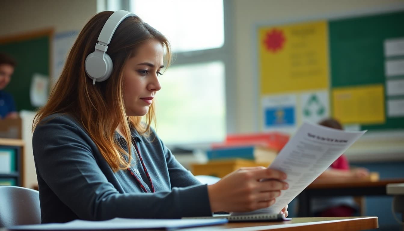 Teacher rewriting a school challenge into positive language while drafting a newsletter