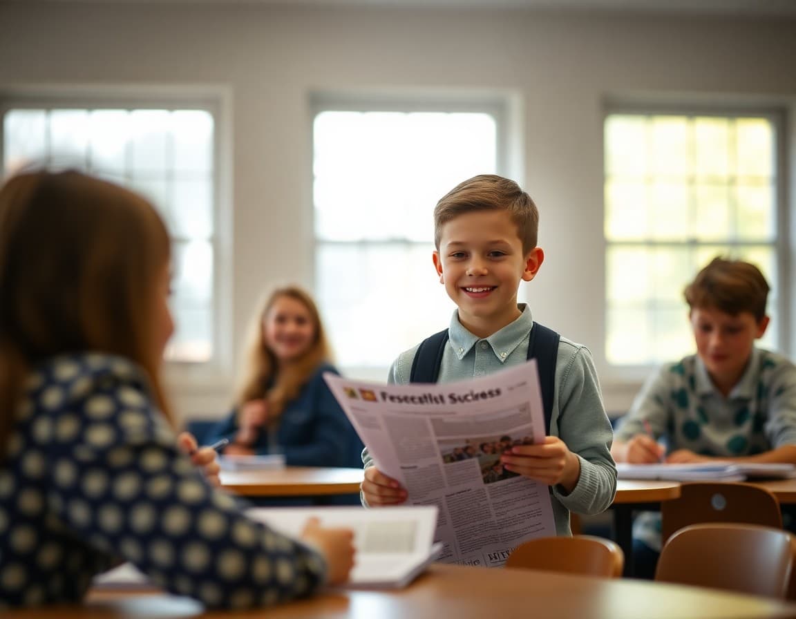 School newsletter featuring positive student success story with photo and community response