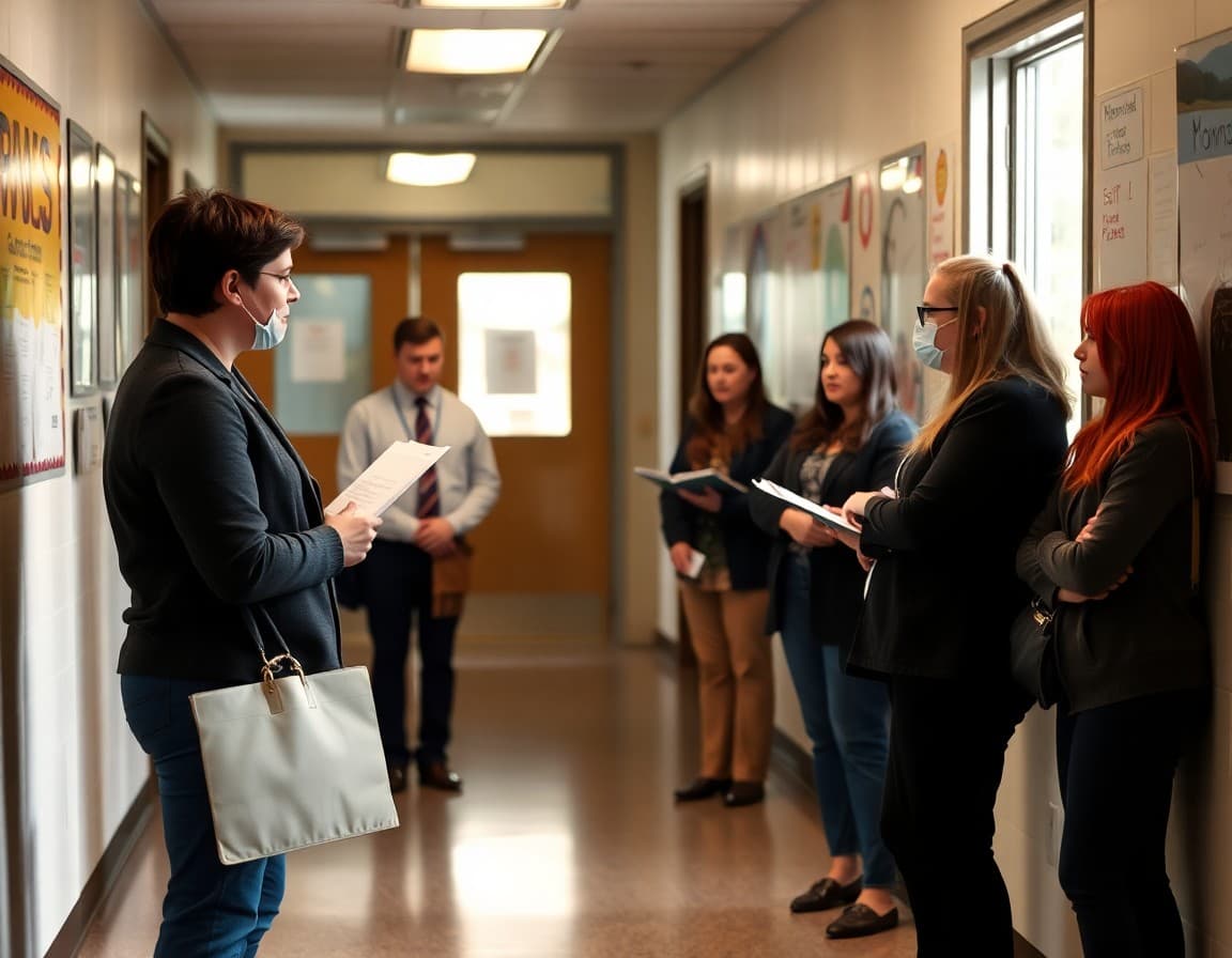 School principal reviewing power outage communication plan with staff in hallway during an emergency situation