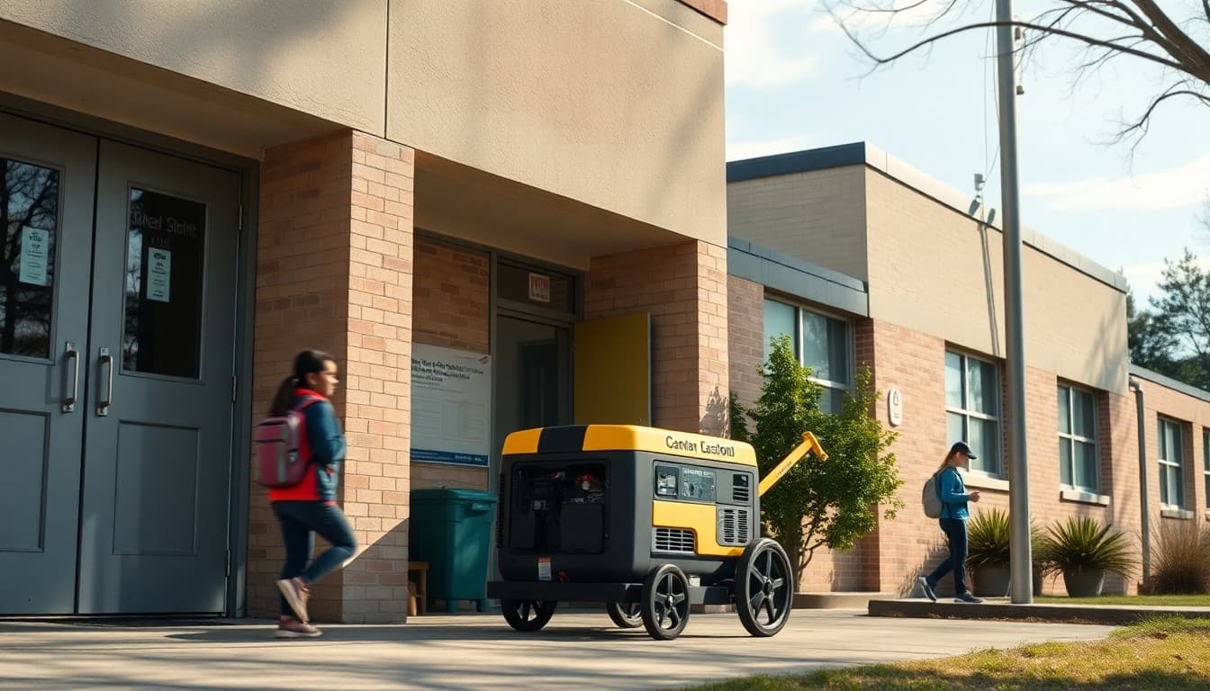 School building exterior with backup generator running after electricity outage during a school day