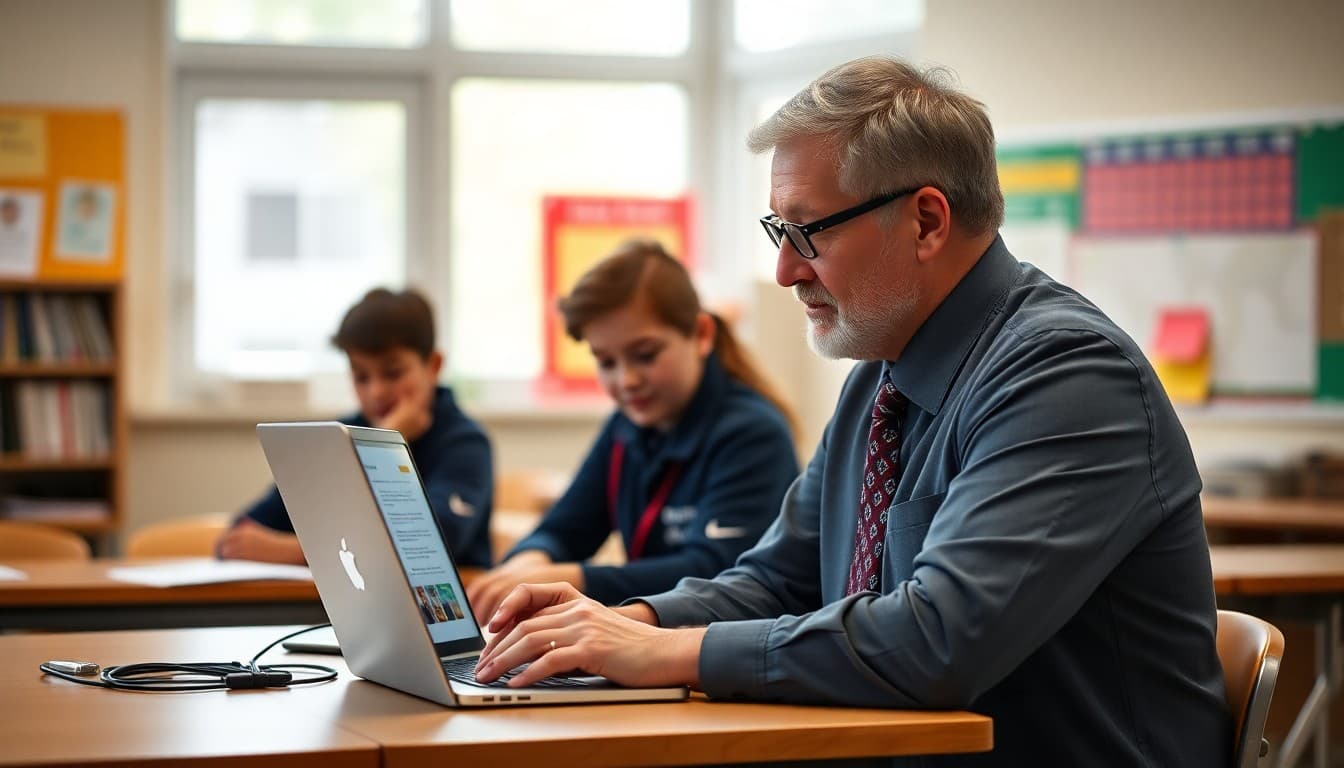 Principal reviewing teacher classroom newsletter draft on laptop before parent distribution