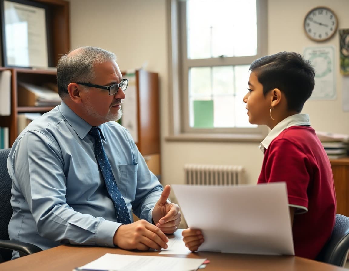 Principal and student discussing school decision making in administrative office