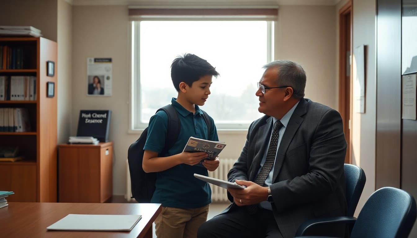 Student shadowing principal at school for leadership experience in main office