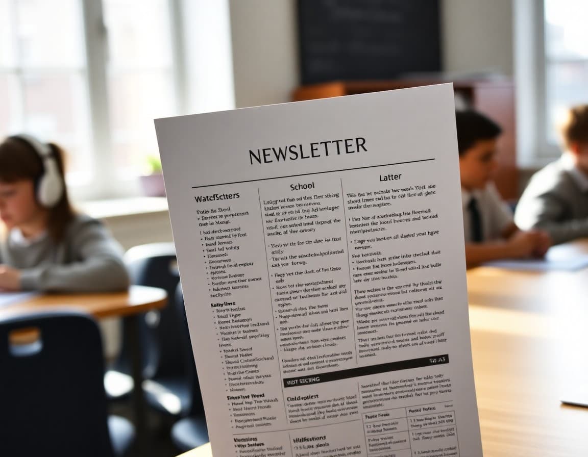 School newsletter printed in black and white with clear section headers and readable fonts