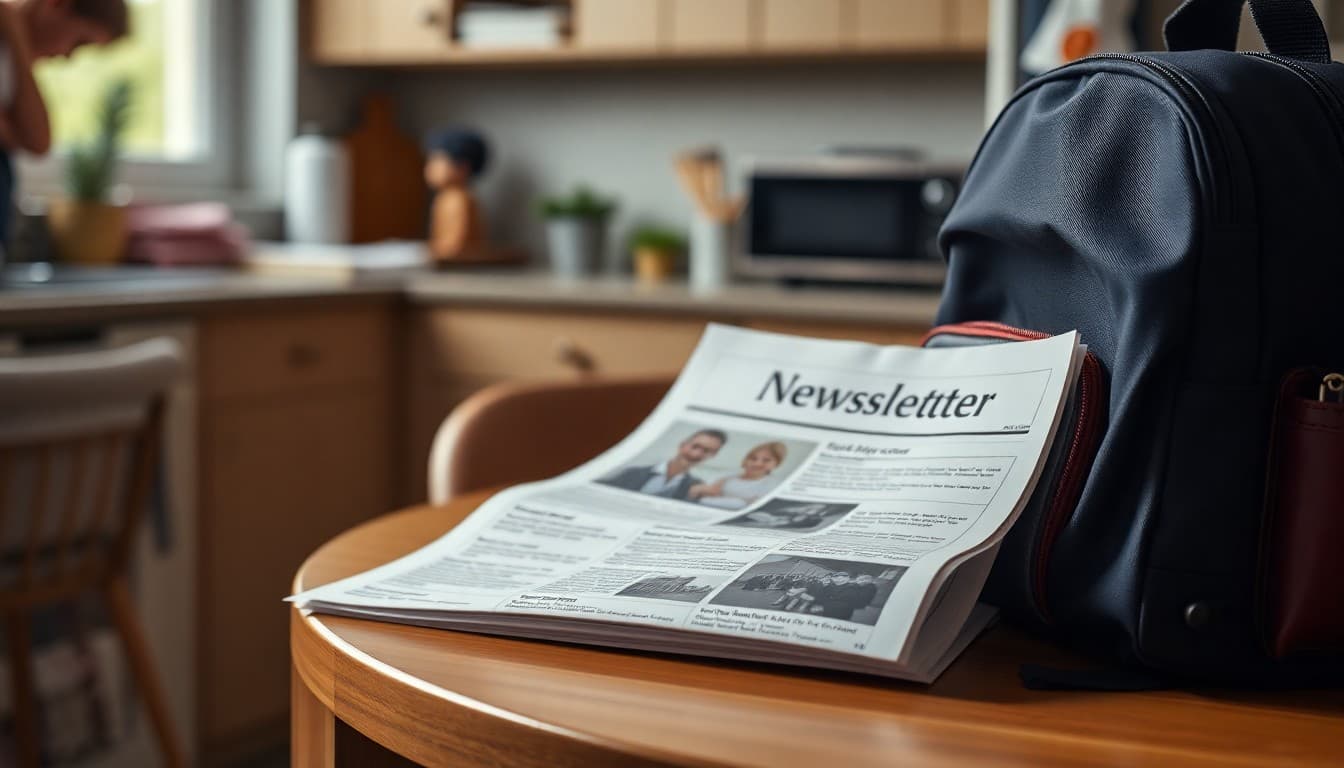 Printed school newsletter on a kitchen table next to a student backpack