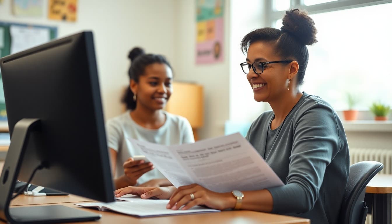 Teacher simplifying school newsletter language for diverse parent readers at a computer