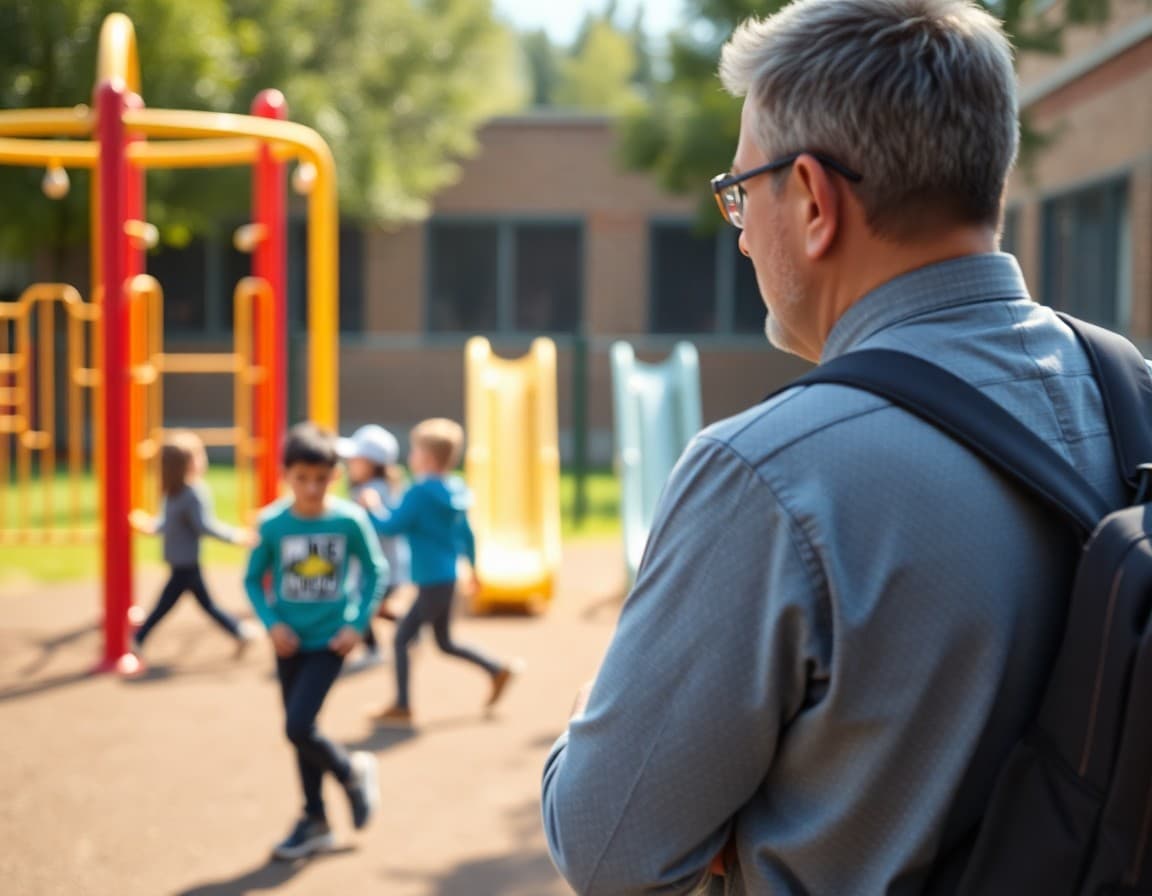 School recess supervisor watching students play at an elementary school playground with updated safety equipment