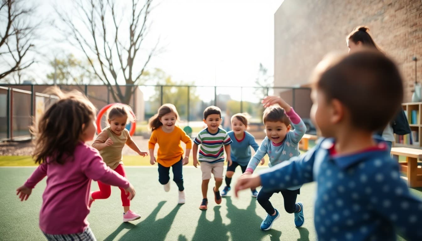 Elementary students playing safely at recess on a school playground with visible supervision by teachers