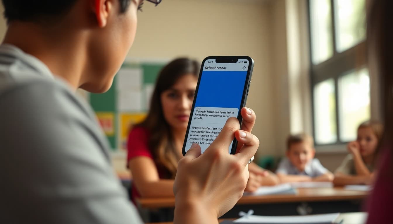 Teacher sending school newsletter link via Remind app to parents on smartphone