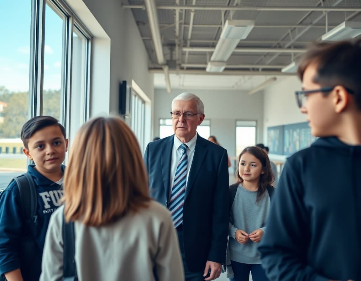 Principal and students touring a newly completed school renovation with bright modern classroom spaces visible