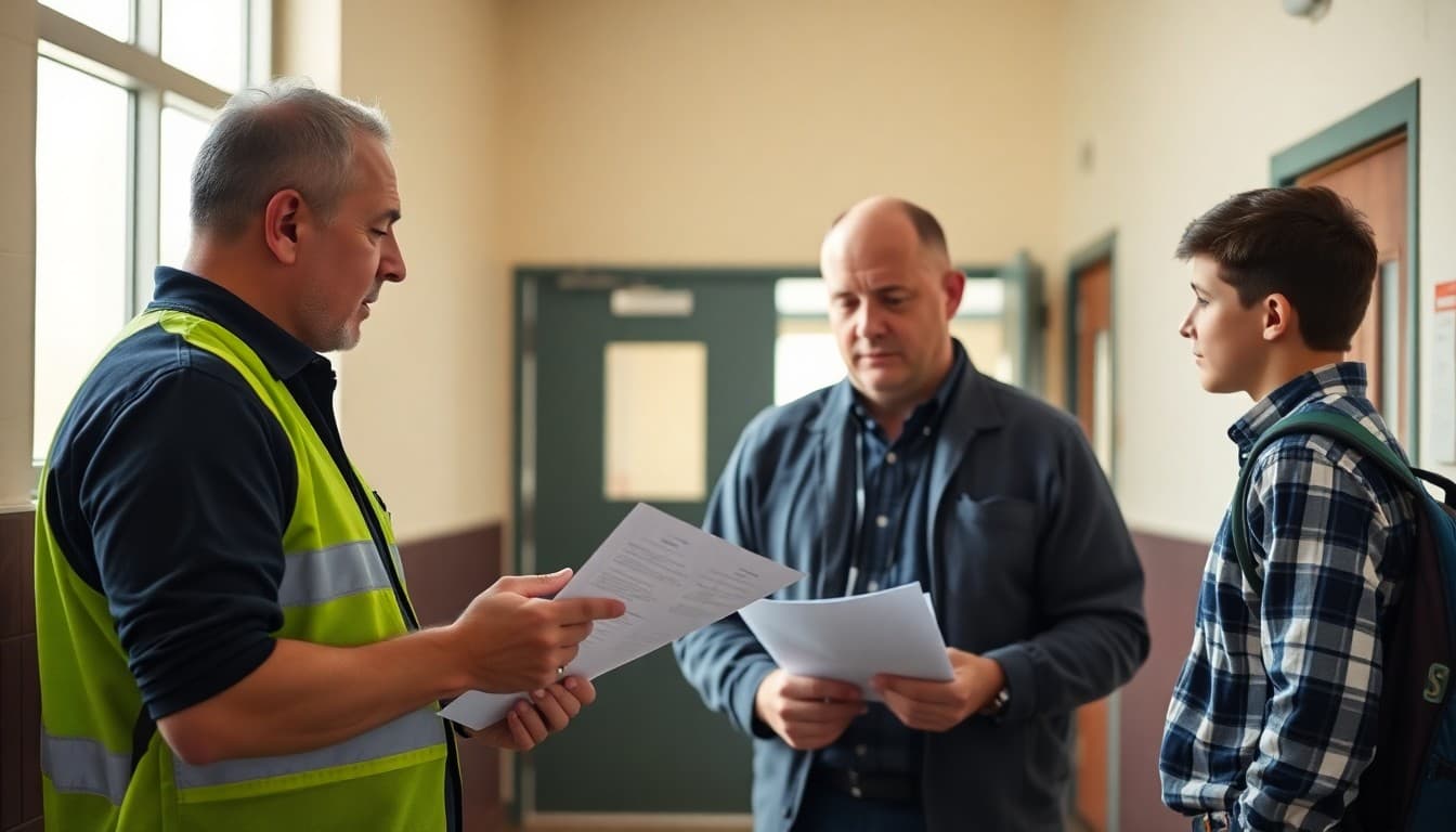 School facilities manager reviewing pest control treatment plan with contractor at a school building entrance