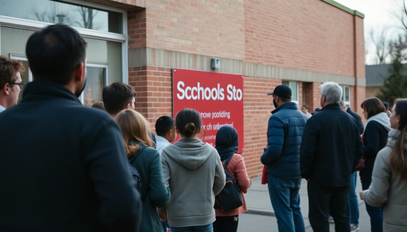 School community gathered outside a building as a new school name is unveiled on the front sign