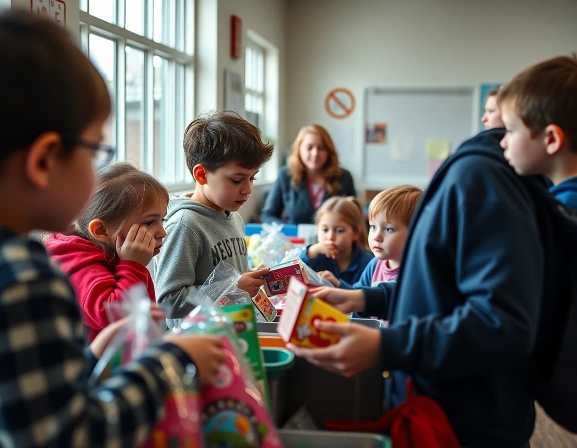 Elementary students browsing items at a student-run school store with a teacher advisor visible in the background