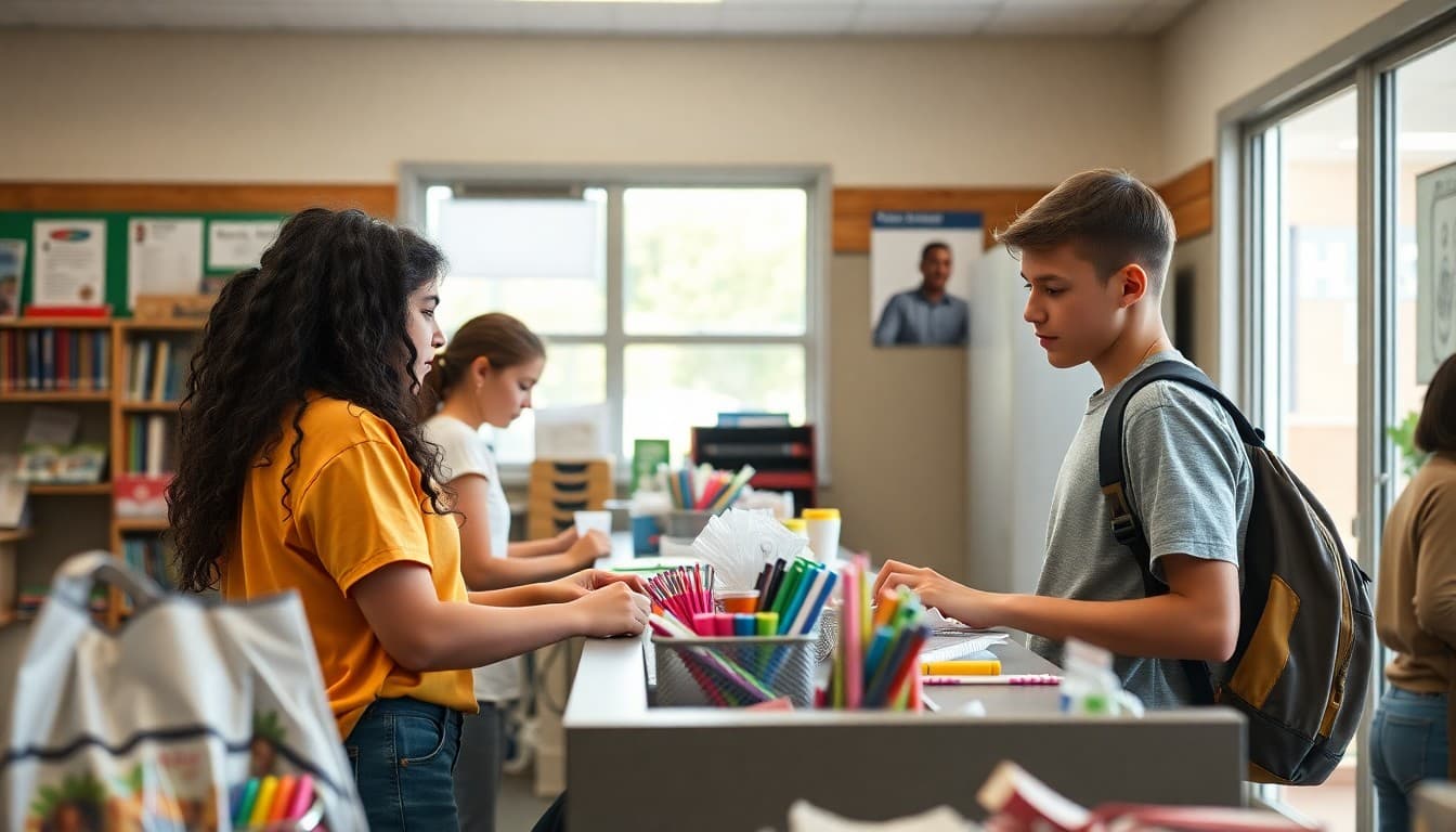 Students staffing a school store counter with school supply items displayed for sale to other students