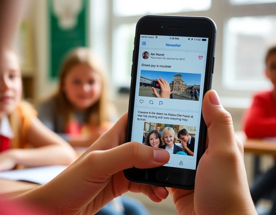 Smartphone showing a school newsletter post shared on social media feed