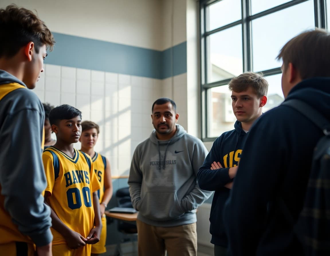 Coach reviewing season schedule with student athletes before opening game