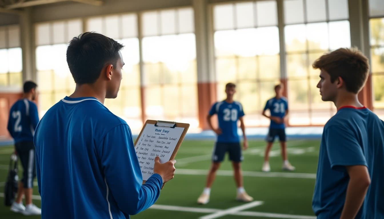 Athletes at pre-season practice with schedule posted on clipboard near field