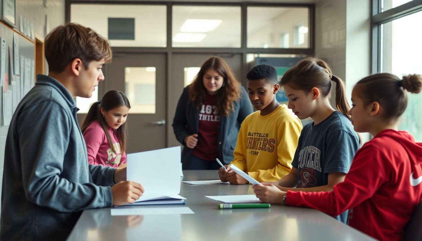Students signing up for spring sports at school athletics office with coach