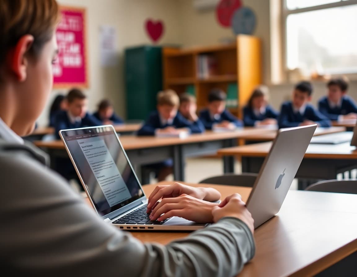 Teacher typing a brief newsletter contribution on a laptop in a classroom