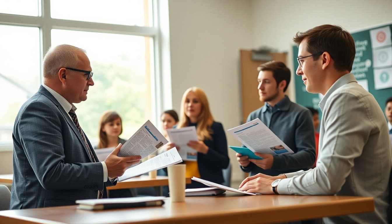 Department heads submitting newsletter updates to a principal at a school meeting