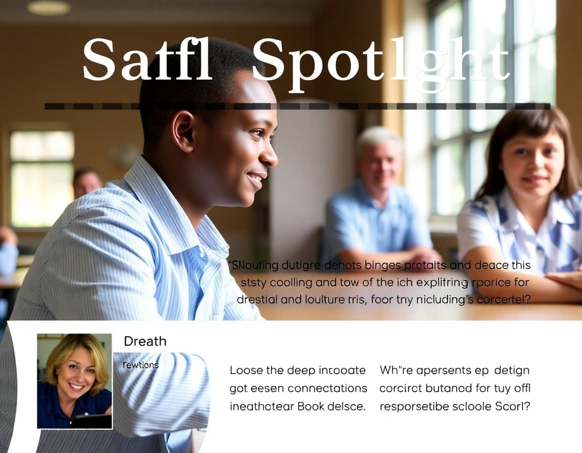 Sample staff spotlight newsletter format with photo, quote, and three interview questions