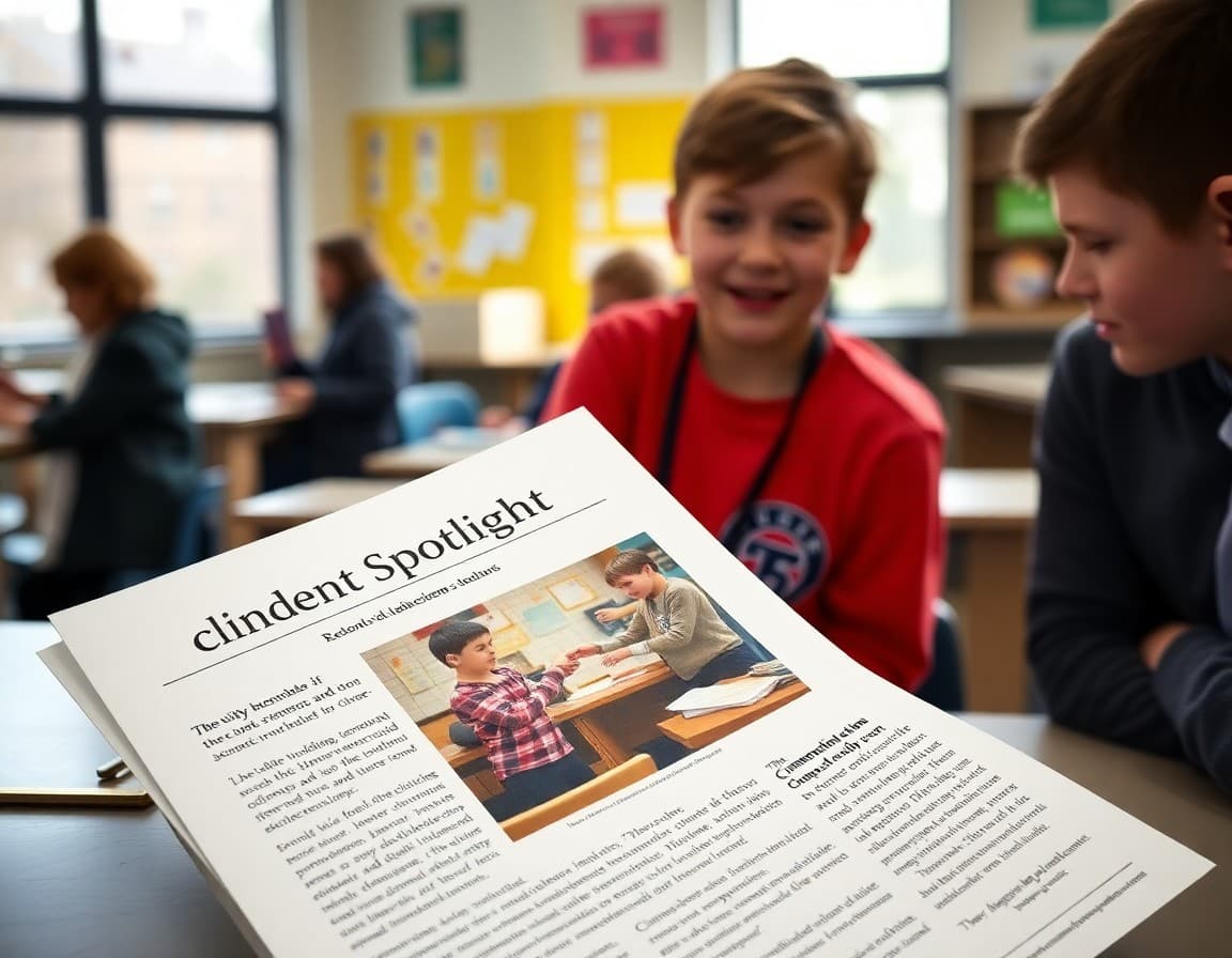 School newsletter with a student spotlight story and photo showing a classroom science project