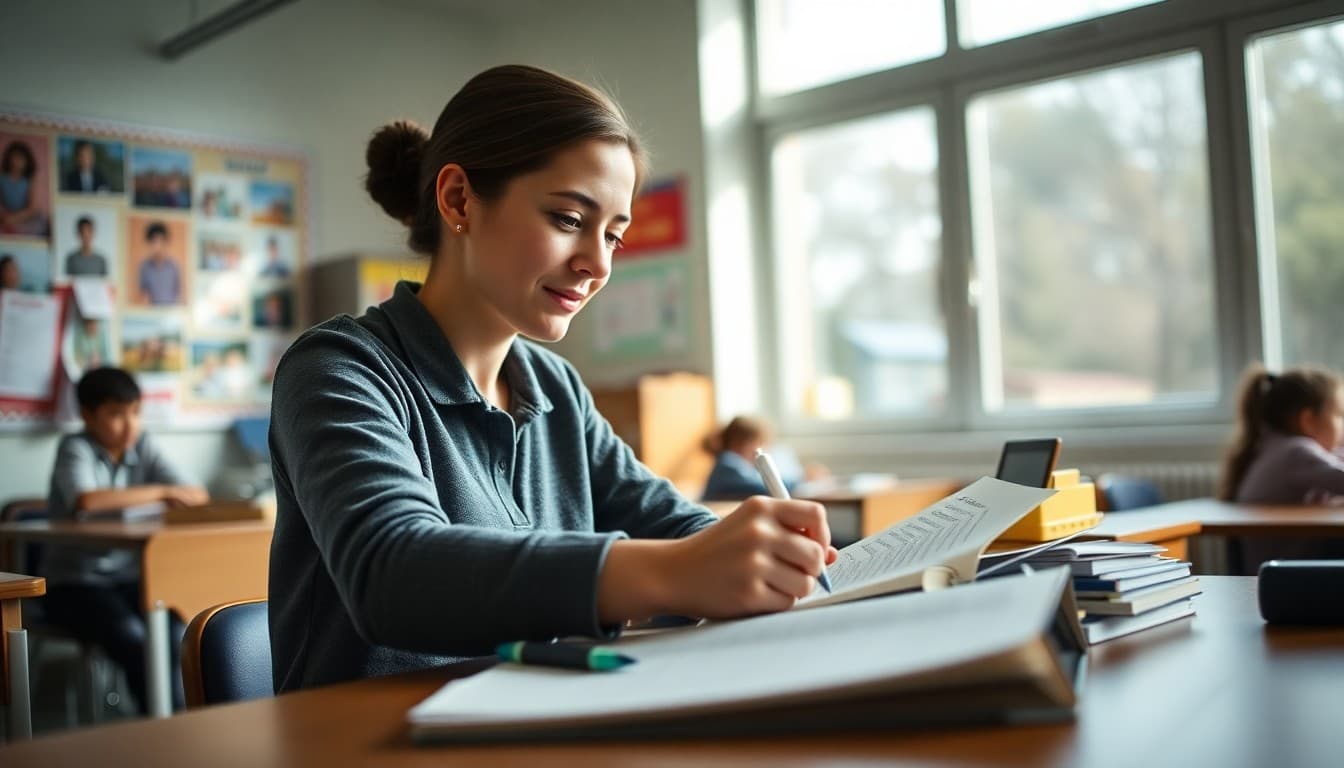 Teacher writing a classroom story at a desk with photos of students and classroom activities visible