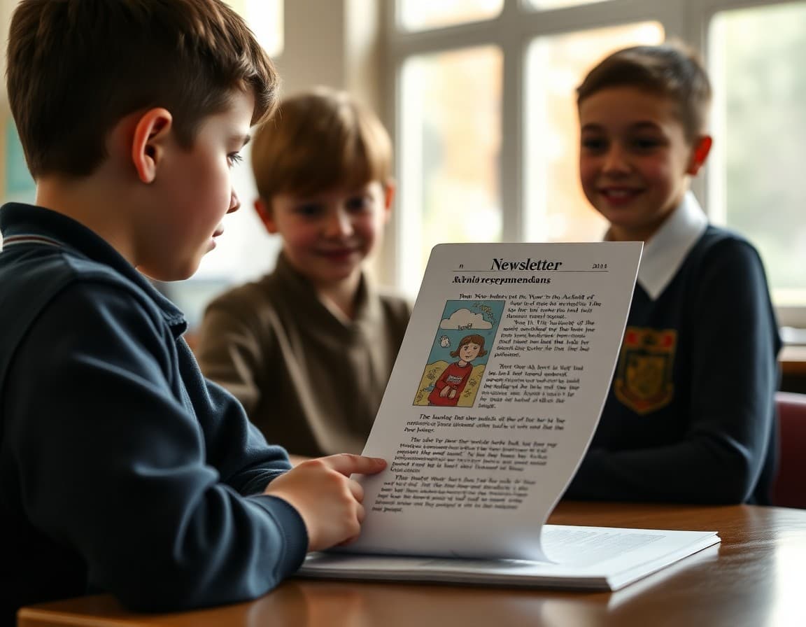 School newsletter section showing a student-authored book recommendation with a small illustration