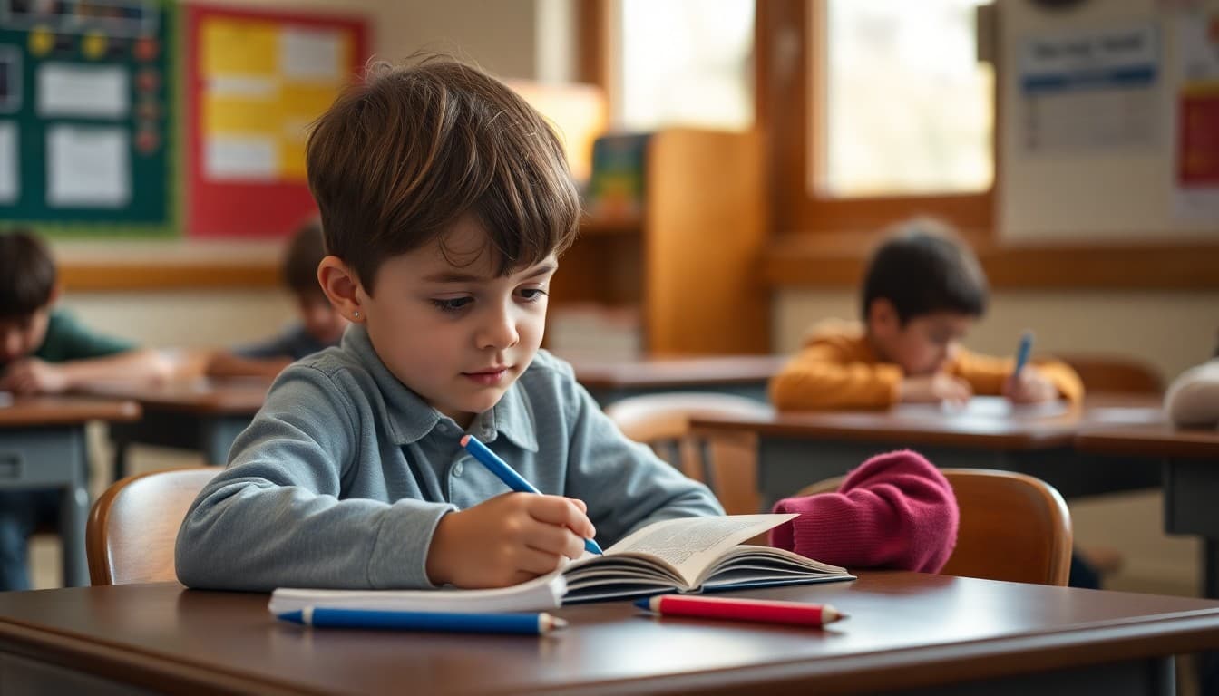 Elementary student writing a short paragraph at a desk to be included in the class newsletter