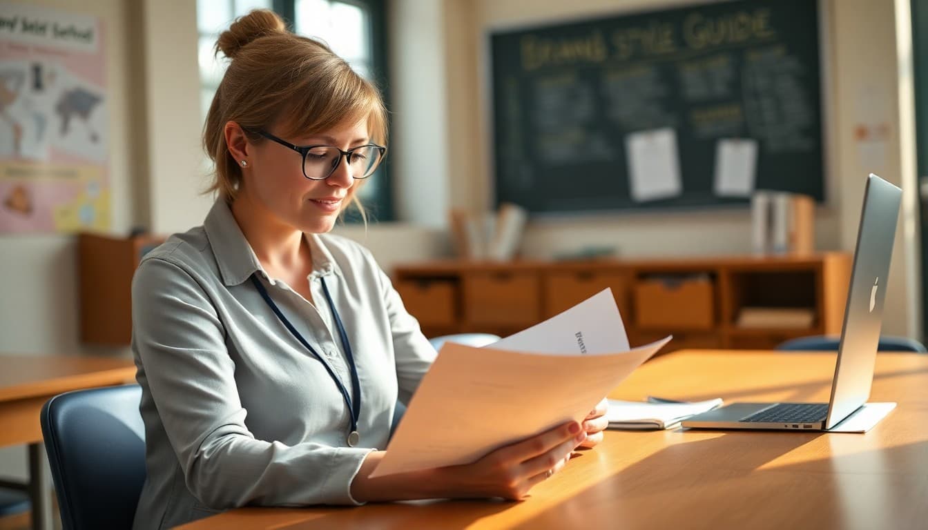 School communications coordinator reviewing a brand style guide document at a desk