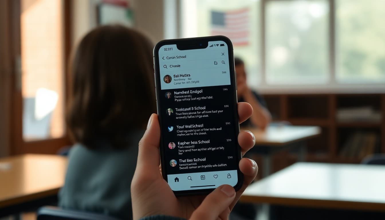 Phone screen showing school email inbox with several newsletter subject lines visible