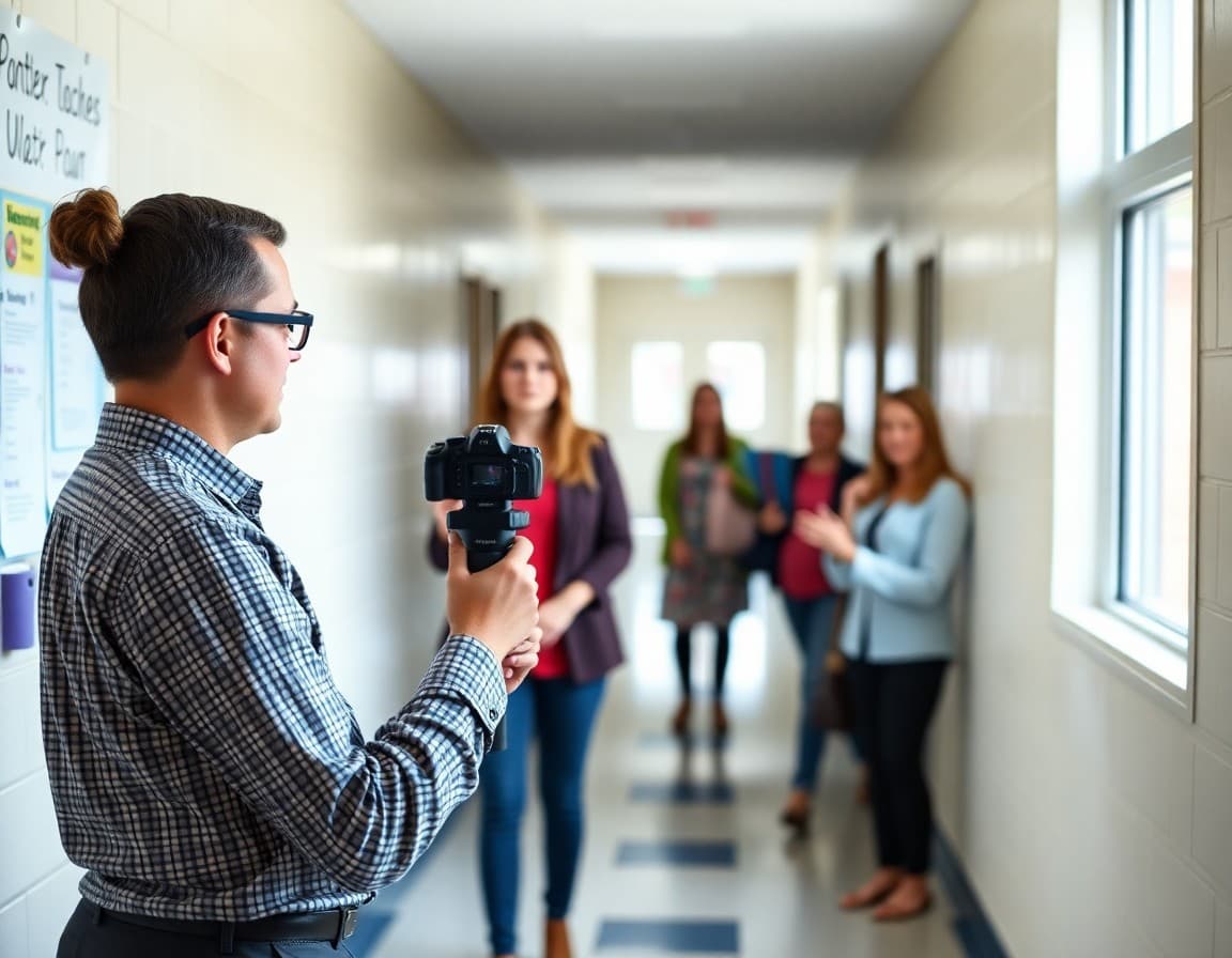 Principal photographing a teacher for a newsletter spotlight in a hallway