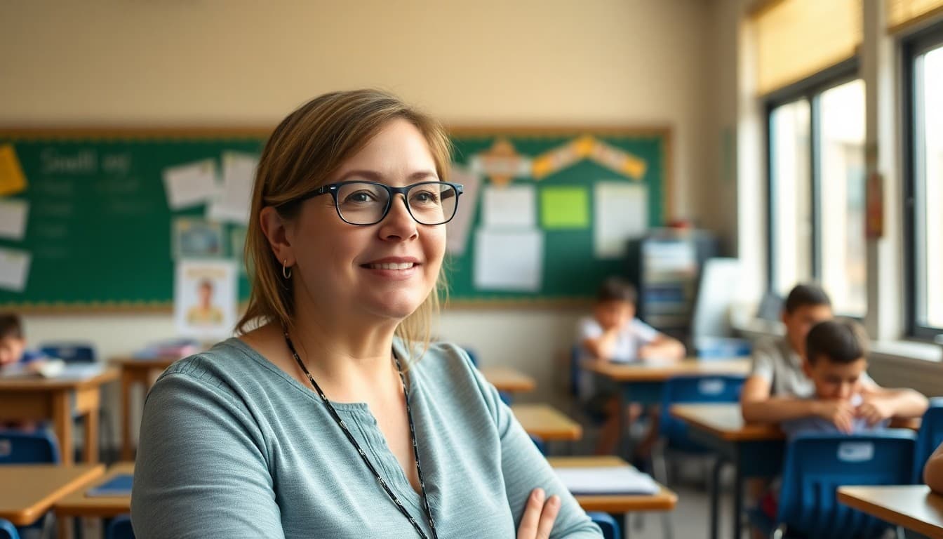Teacher featured in a school newsletter teacher spotlight section in a classroom