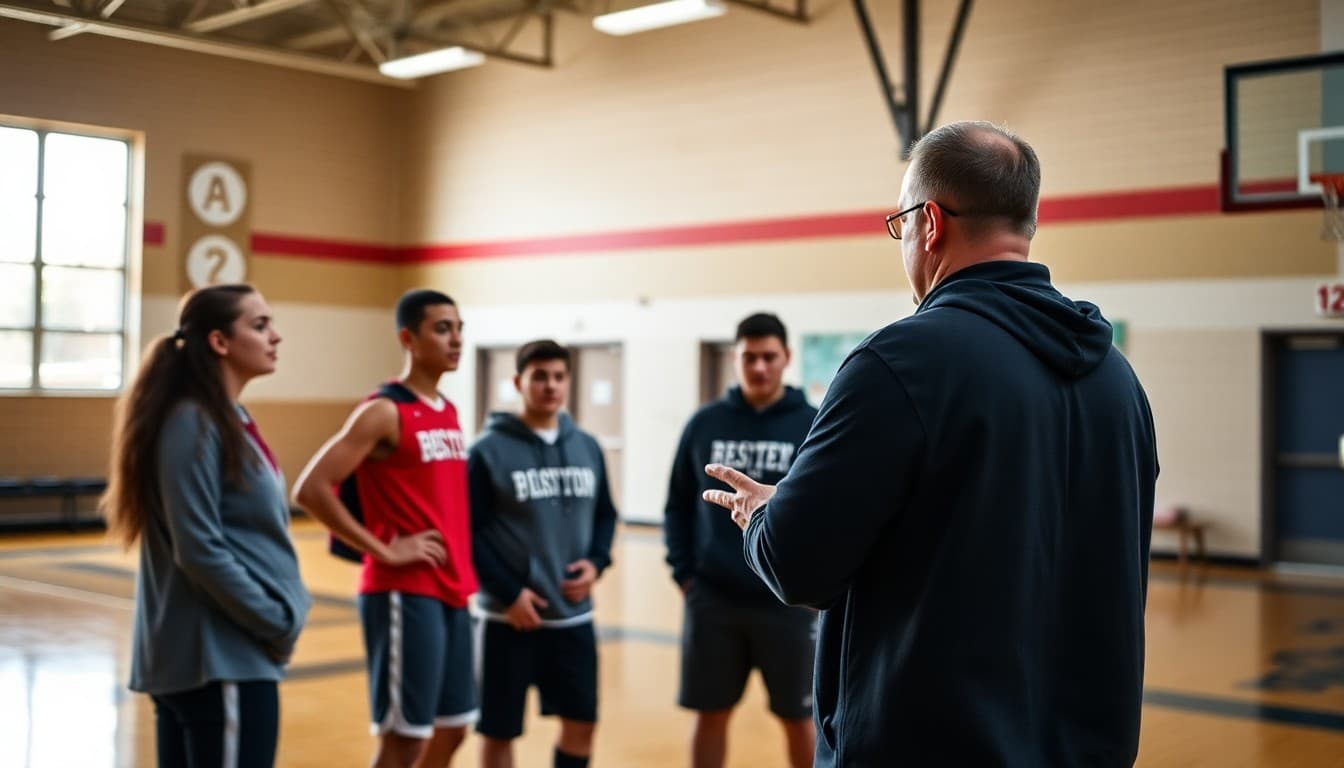 Coach meeting with team about consequences for code of conduct violation in gym