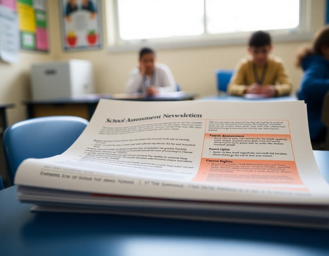 School newsletter on desk with section about state assessment information and parent rights