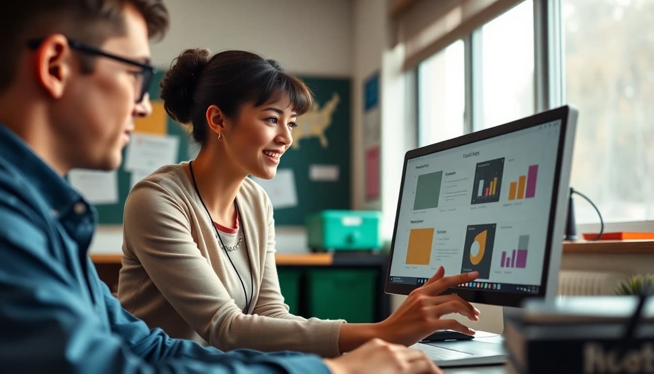 Teacher reviewing tone options for a school newsletter on a computer screen