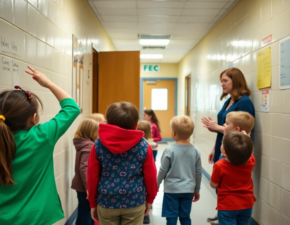 Teacher guiding elementary students through tornado shelter procedures in a school hallway during a practice drill