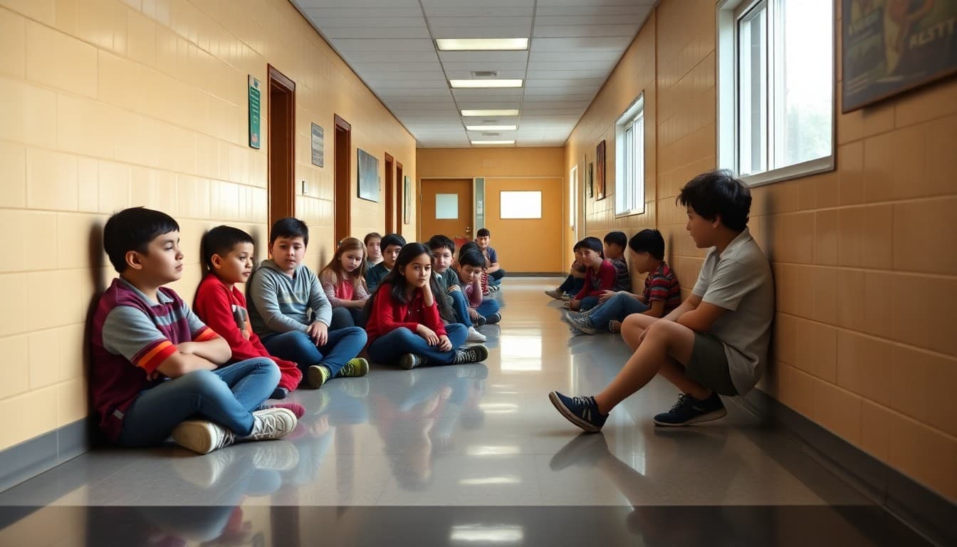 Students practicing tornado drill procedure in a school hallway in seated positions against interior walls