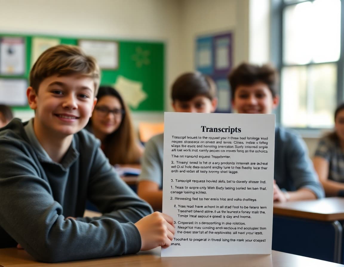School newsletter section explaining transcript request steps and deadlines to families