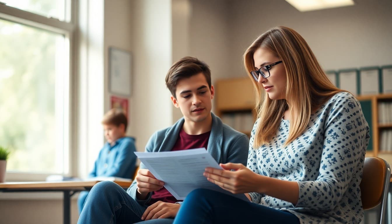 Student sitting with school counselor reviewing transcript request process and college deadlines