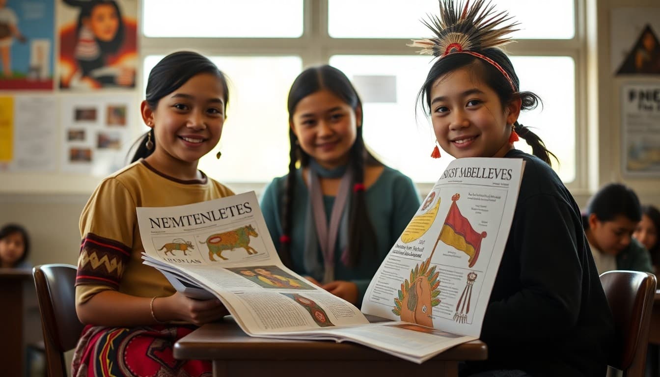 Tribal school newsletter featuring Native artwork and indigenous language alongside school news