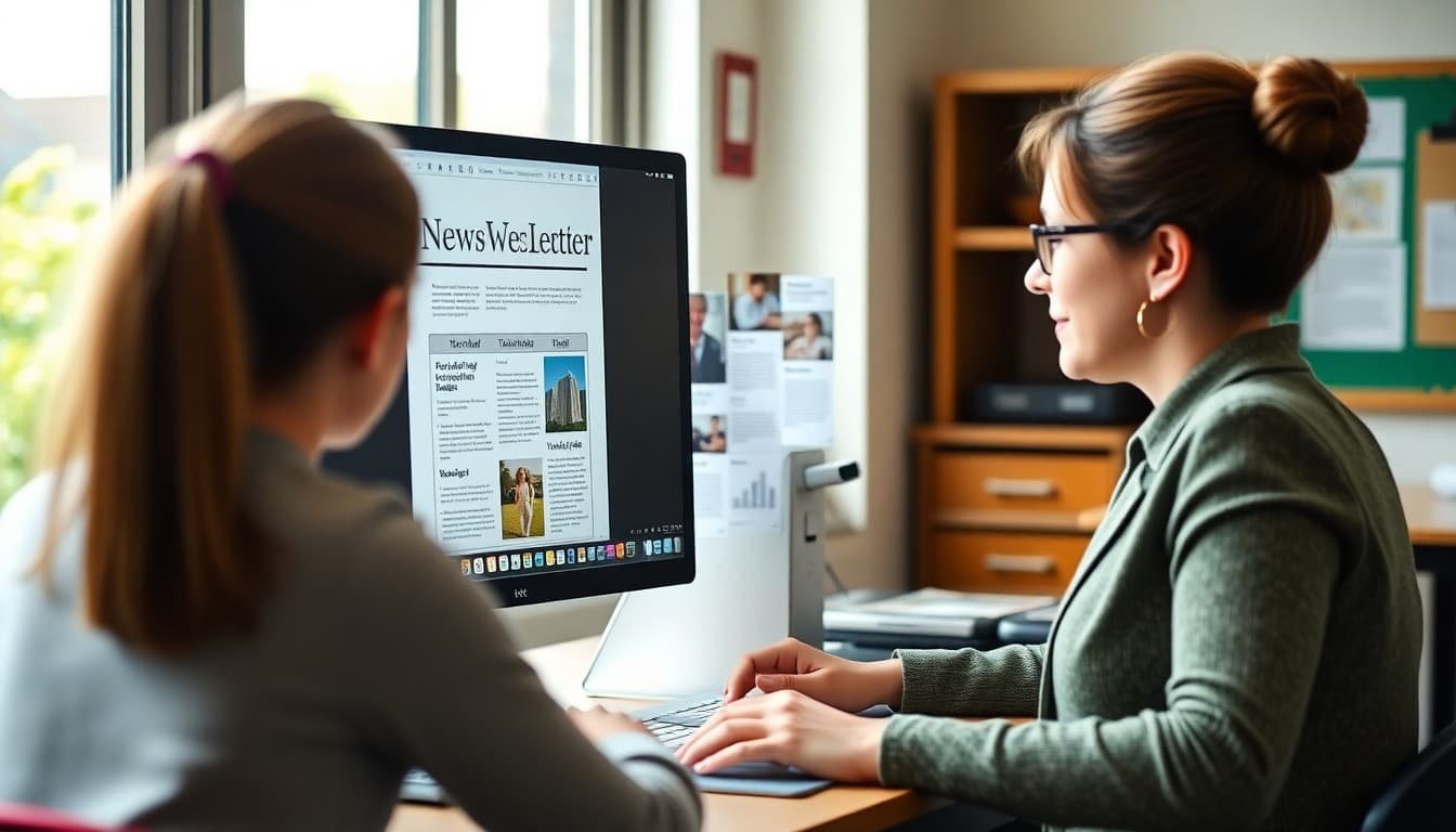 Teacher designing a two-column newsletter layout on a computer screen