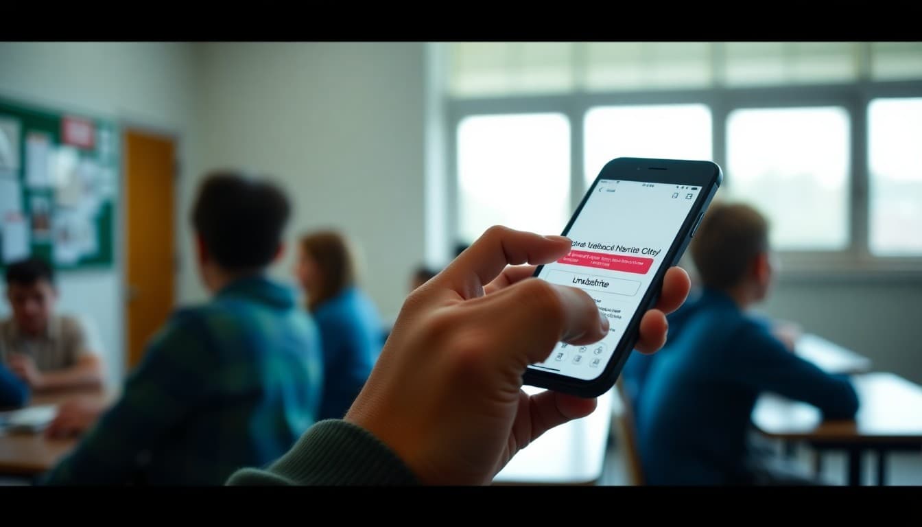 Parent on a phone clicking an unsubscribe link in a school newsletter email
