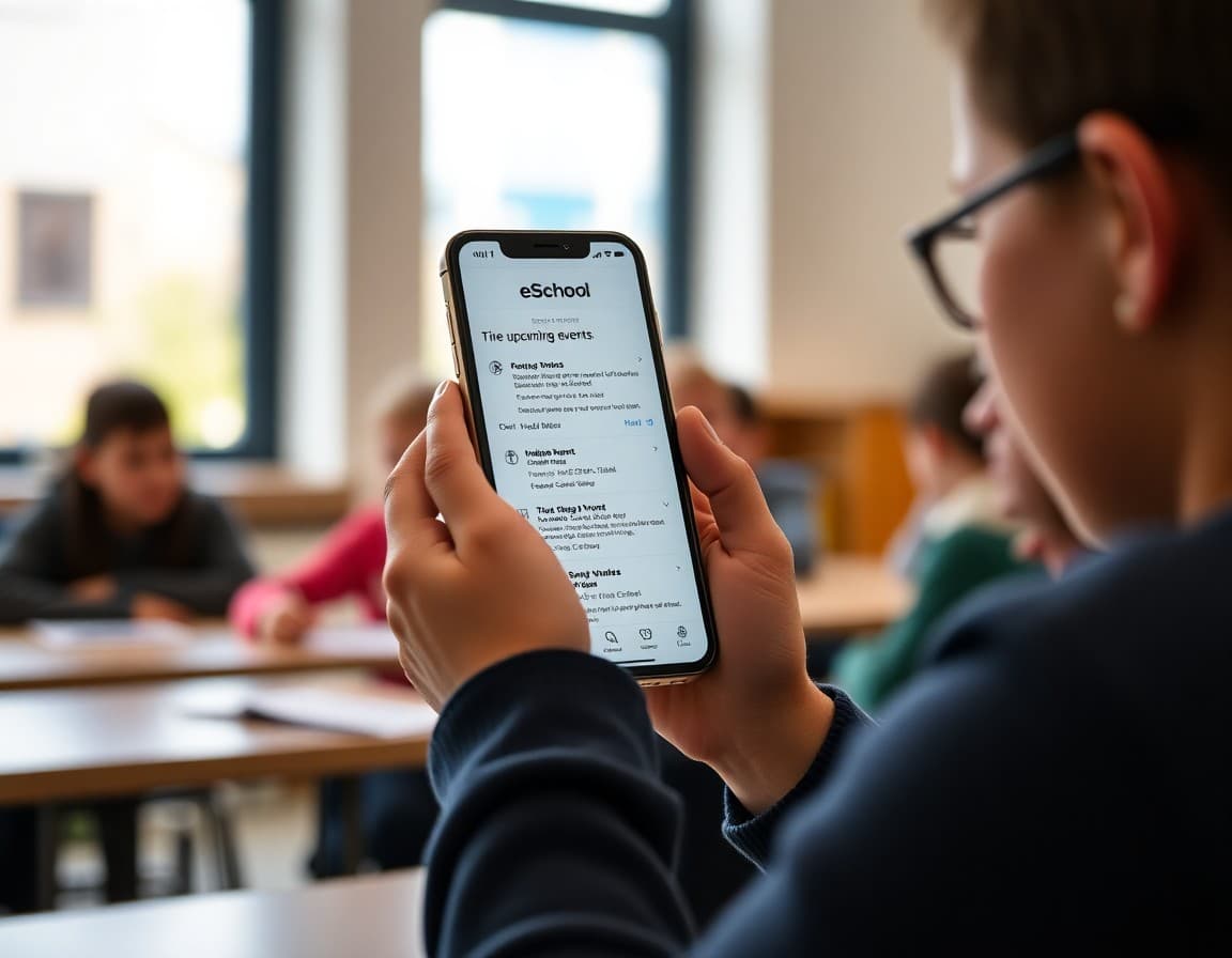Parent scrolling through upcoming events section of a school newsletter on a phone