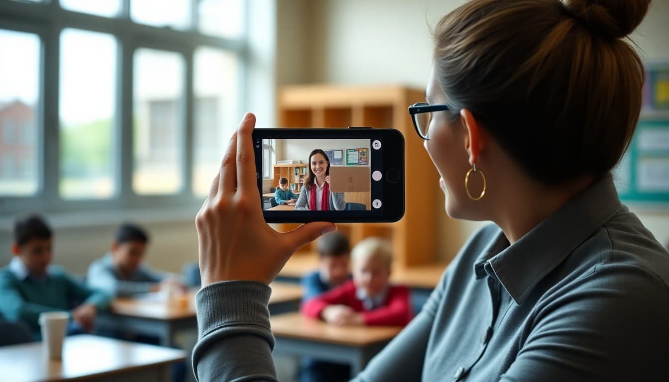 Teacher recording short video message for school newsletter on smartphone in classroom