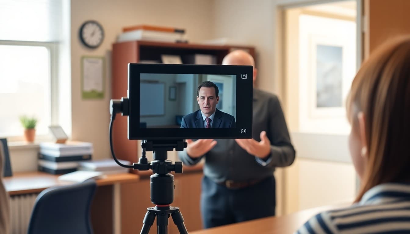Principal recording a personalized video message for a school newsletter in an office