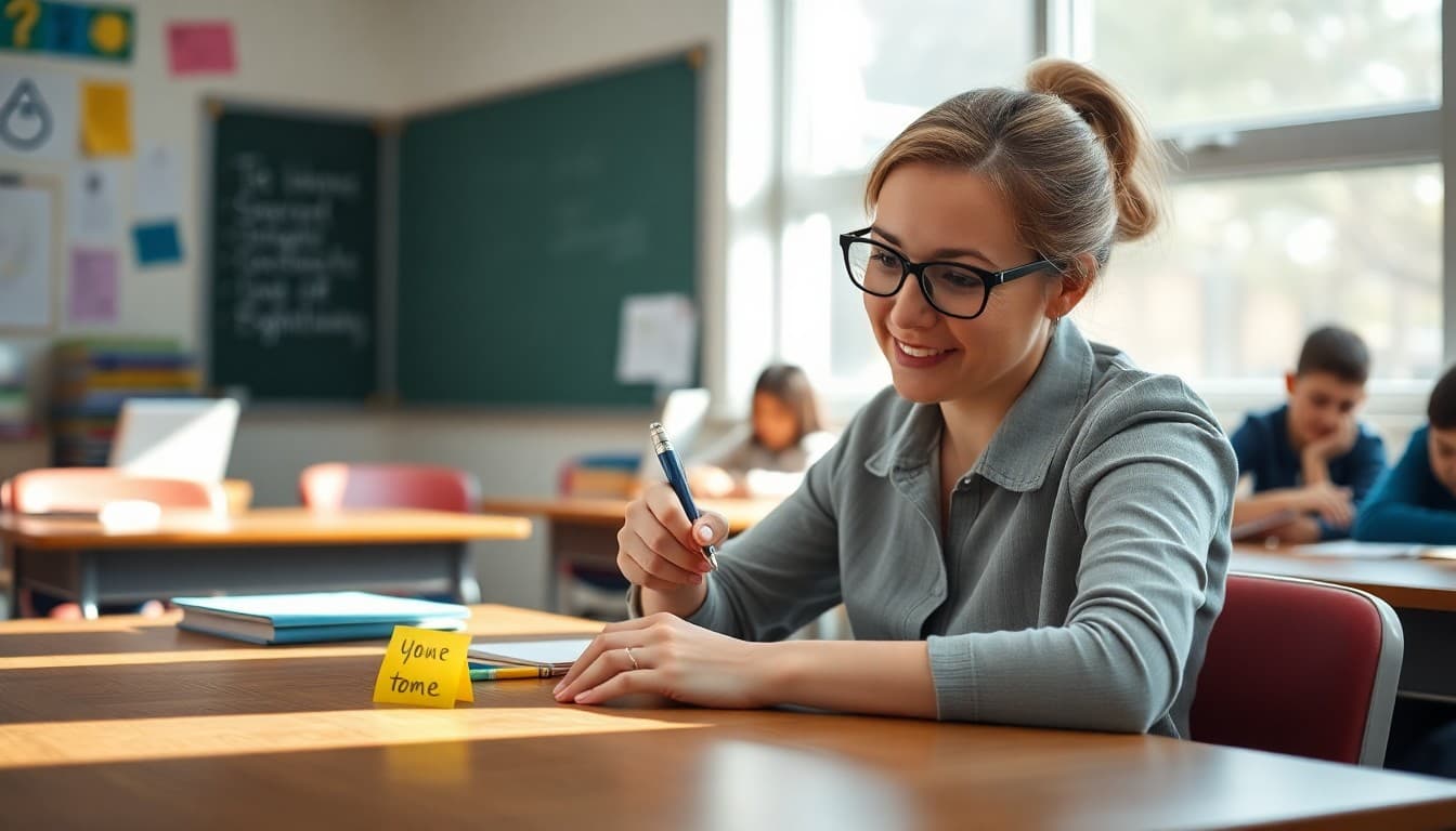 Teacher writing warmly at a desk with handwritten tone notes visible on a sticky note