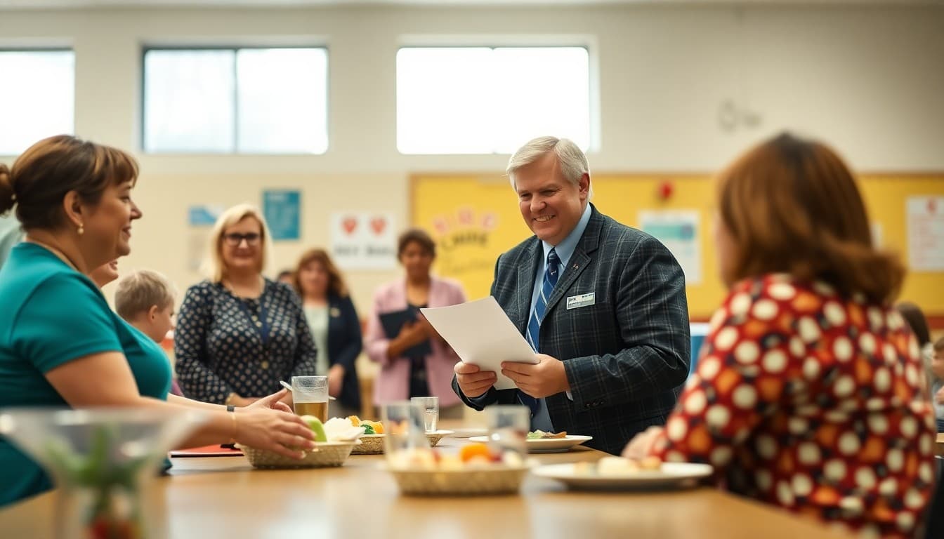 School principal honoring parent volunteers at a volunteer appreciation luncheon in the school cafeteria